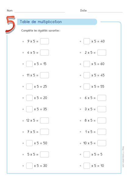 Compléter la Table de multiplication de 5