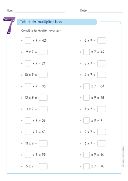 Compléter la Table de multiplication de 7