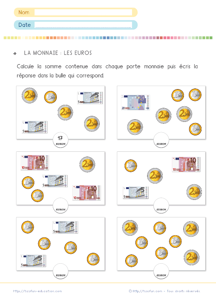 Fiches Monnaie Euro CE1 PDF