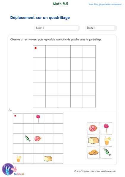 Déplacement dans un quadrillage - Exercice de math MS