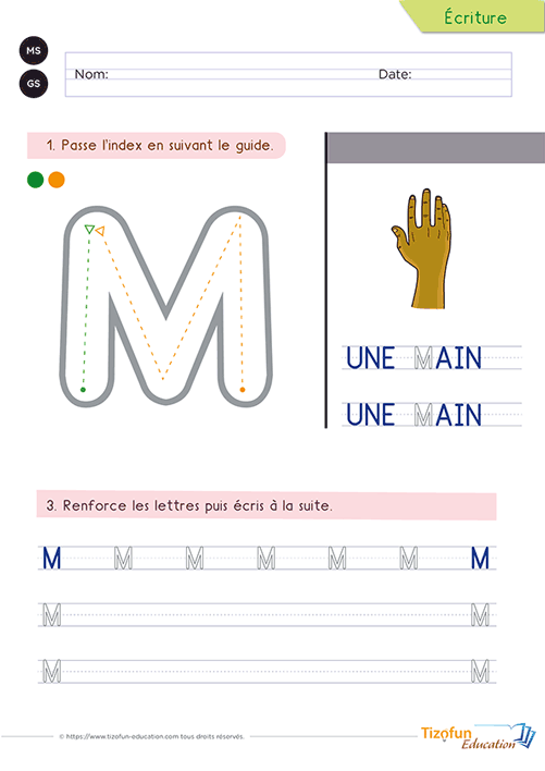 Exercice d'écriture Maternelle CP - Capitales d'imprimerie - lettre M