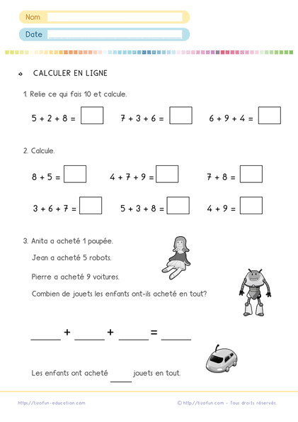 Calculs Maths CP CE1 - addition en ligne - problème addition