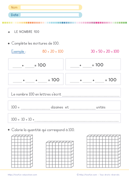 exercice sur le nombre 100 à imprimer