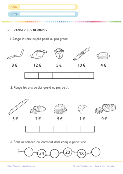 Les nombres de 0 à 100 exercices - comparer ranger les nombres