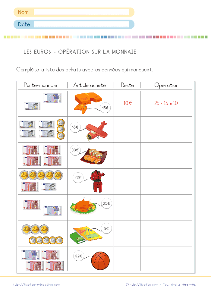 exercices monnaie CP CE1