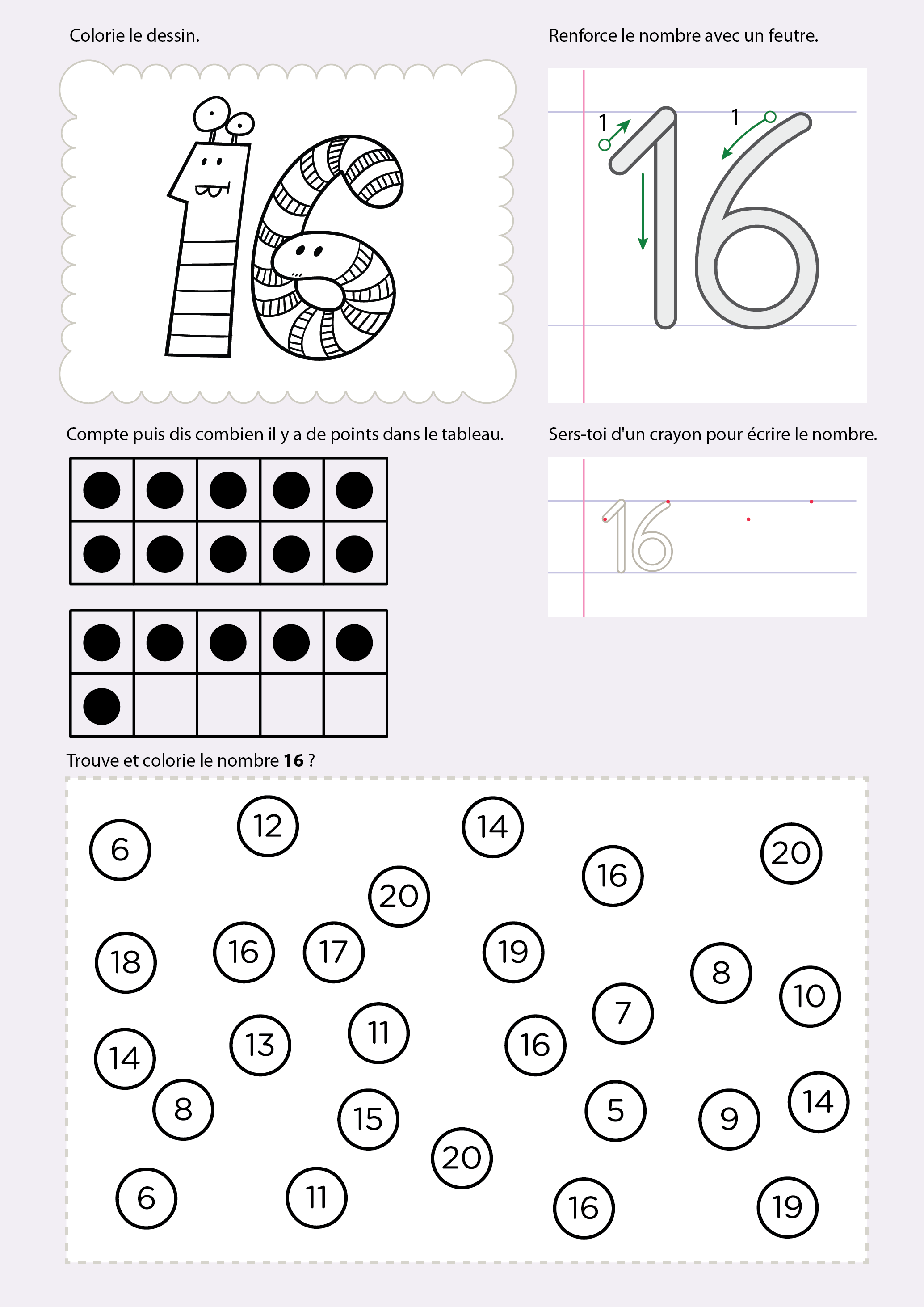 Exercice Maternelle monster math - connaitre le nombre 16