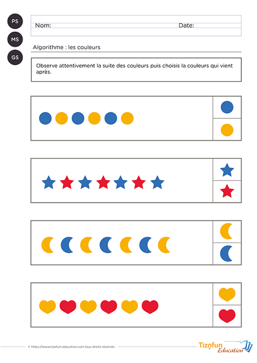 Fiche maternelle algorithme à imprimer