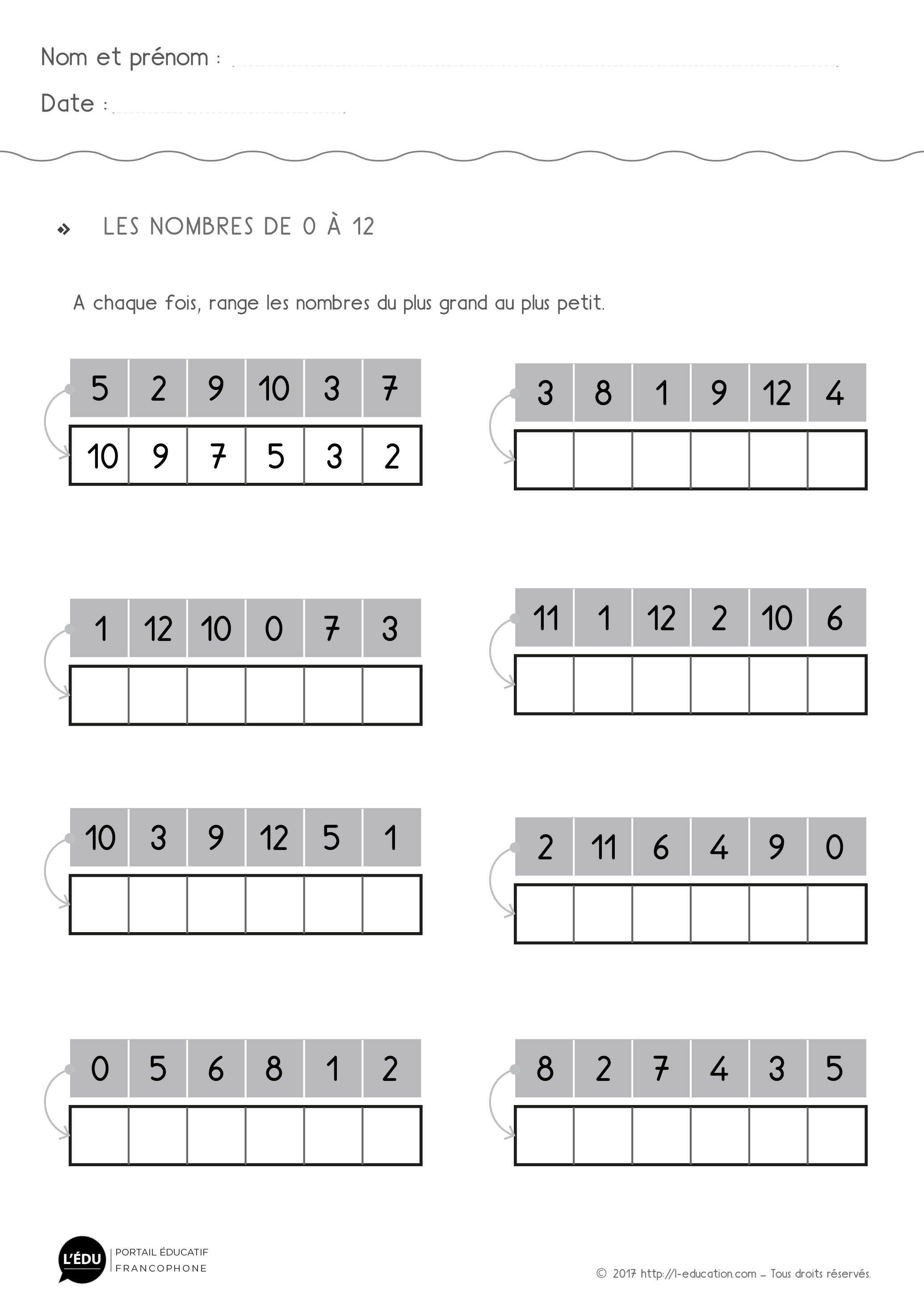 Ranger les nombres jusqu'à 12