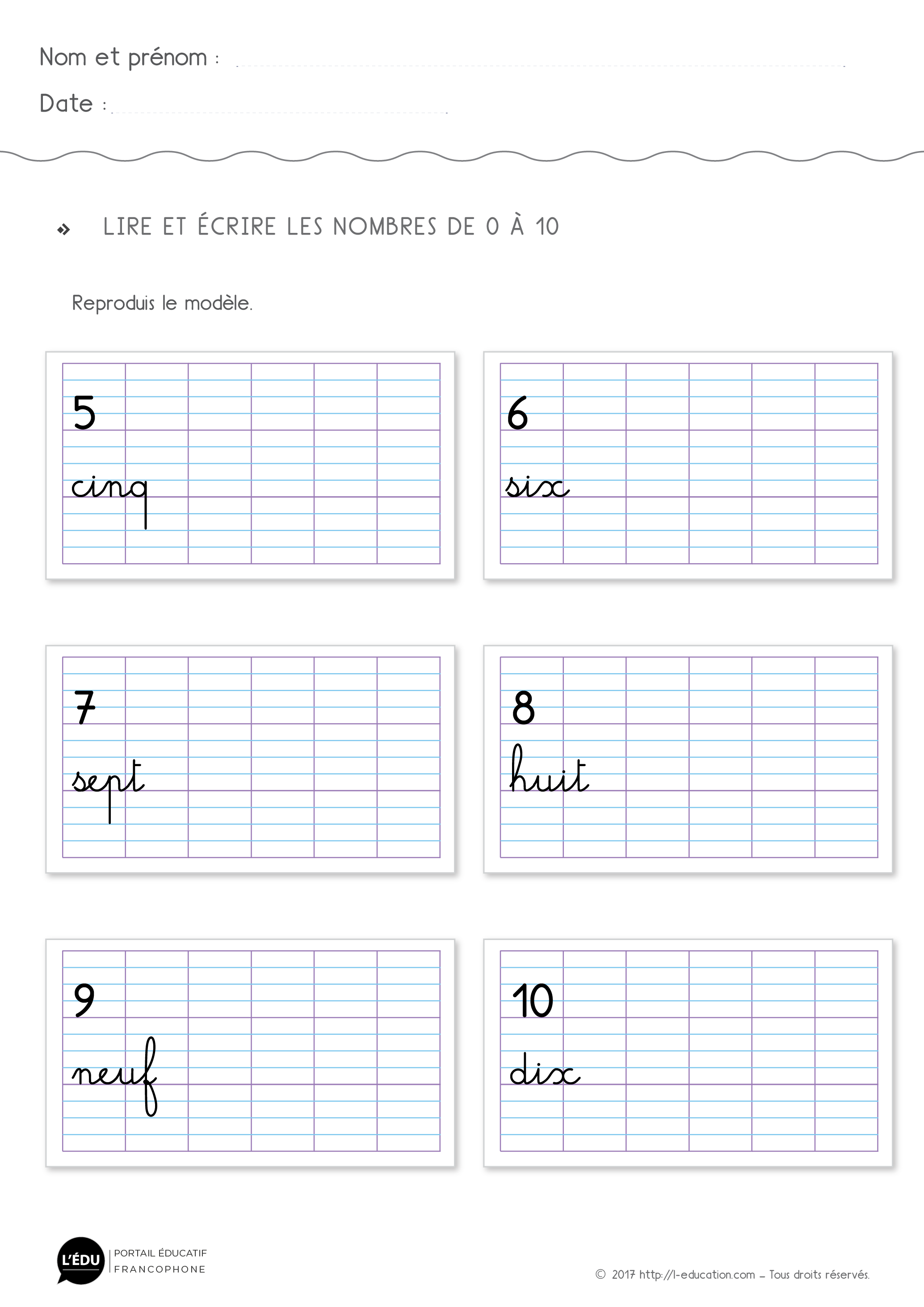 fiche maternelle pour apprendre à écrire les nombres jusqu'à 10 en lettres