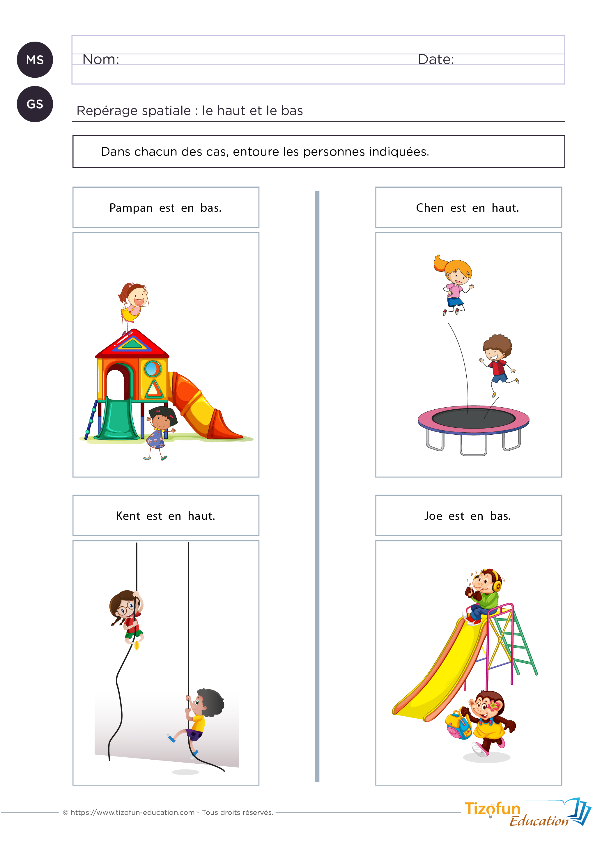 Fiche maternelle sur les positions haut et bas