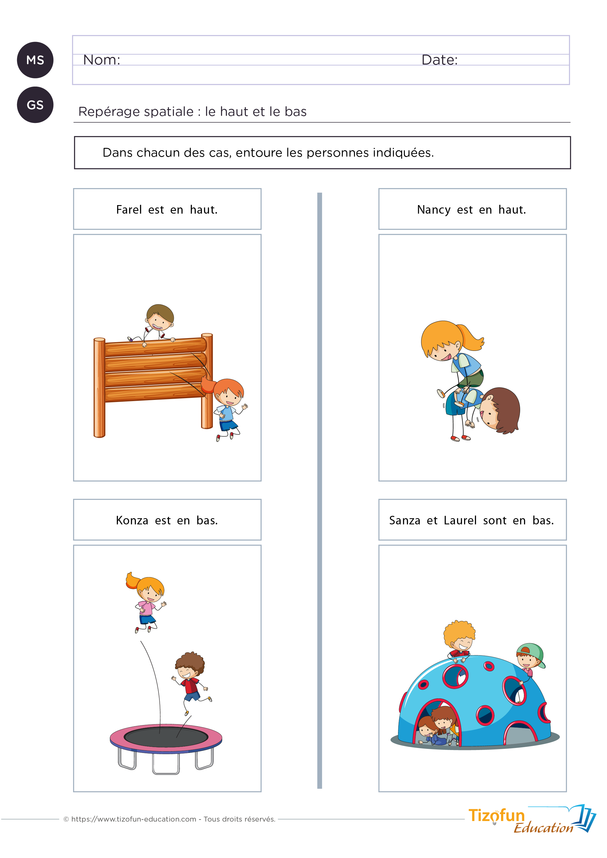 Fiche maternelle sur les positions haut et bas