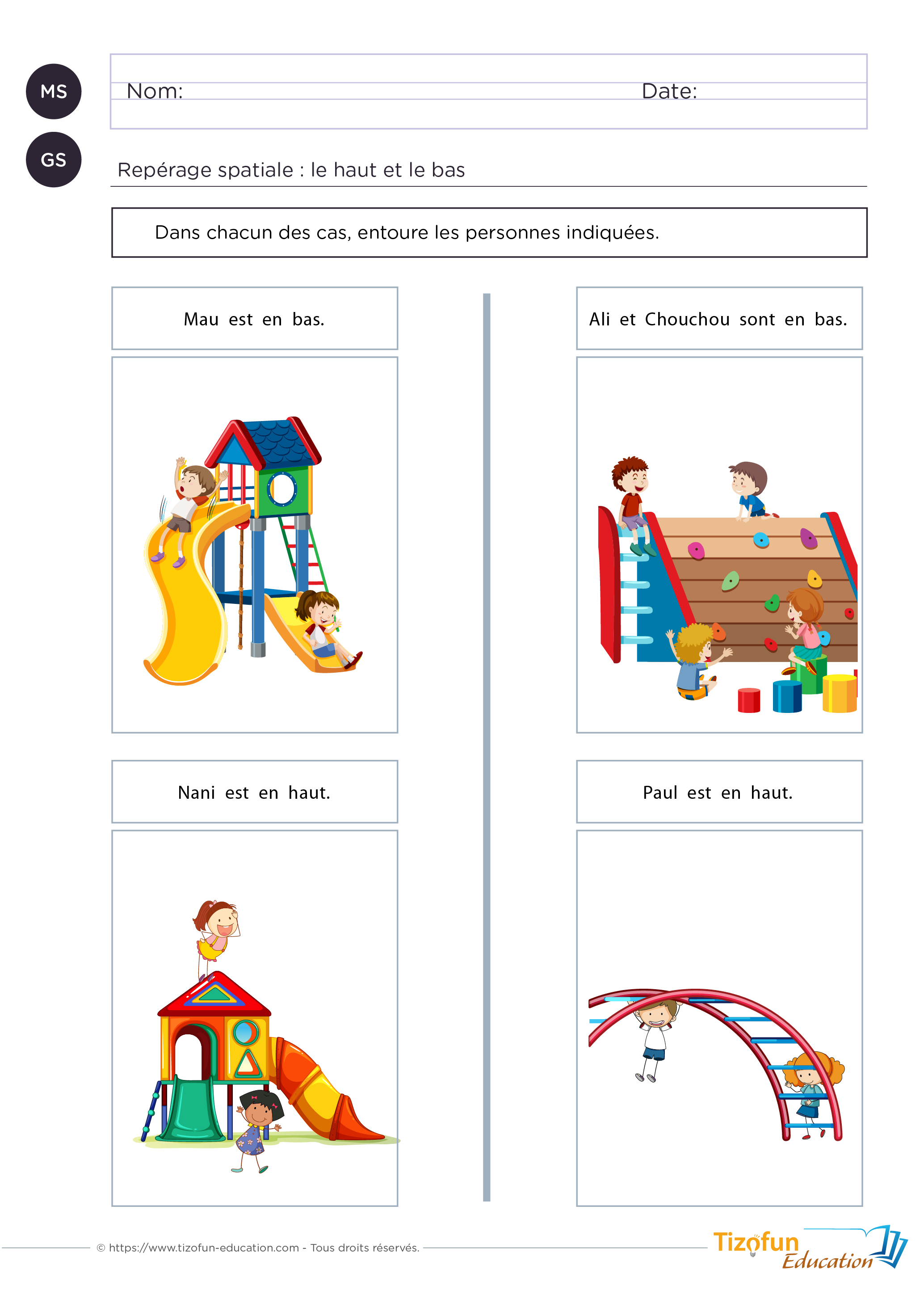 Fiche maternelle sur les positions haut et bas