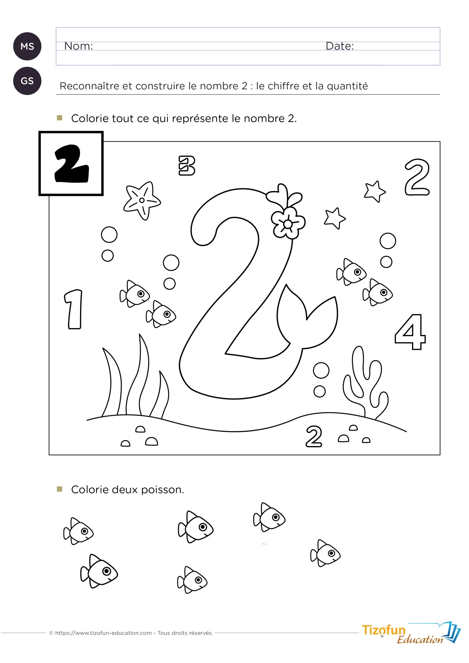 identifier et colorer le chiffre 2 - Construire une collection de deux objets