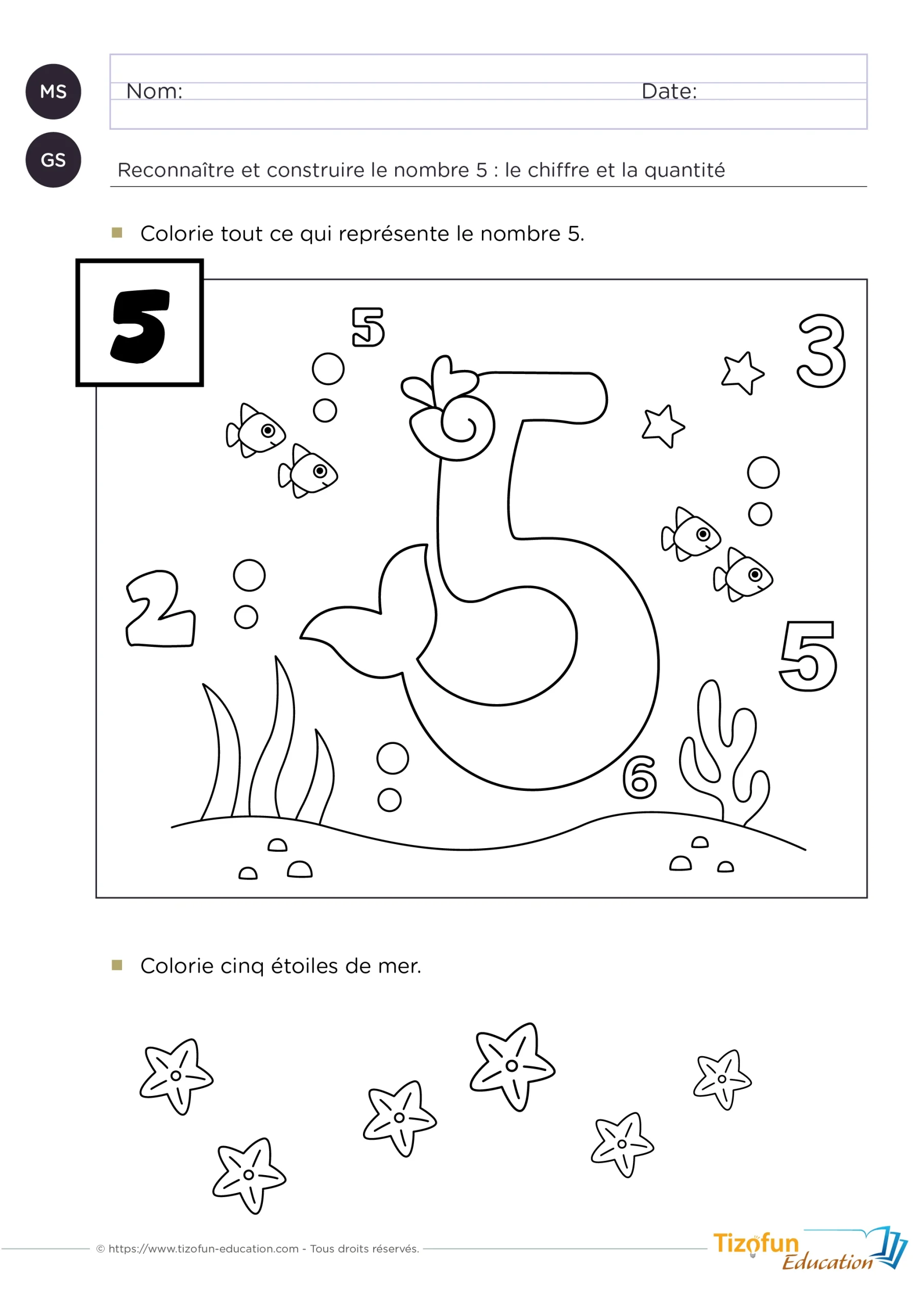 exercice pour apprendre à identifier le chiffre 5 - colorier le chiffre 5 - construire une collection de 5 objets