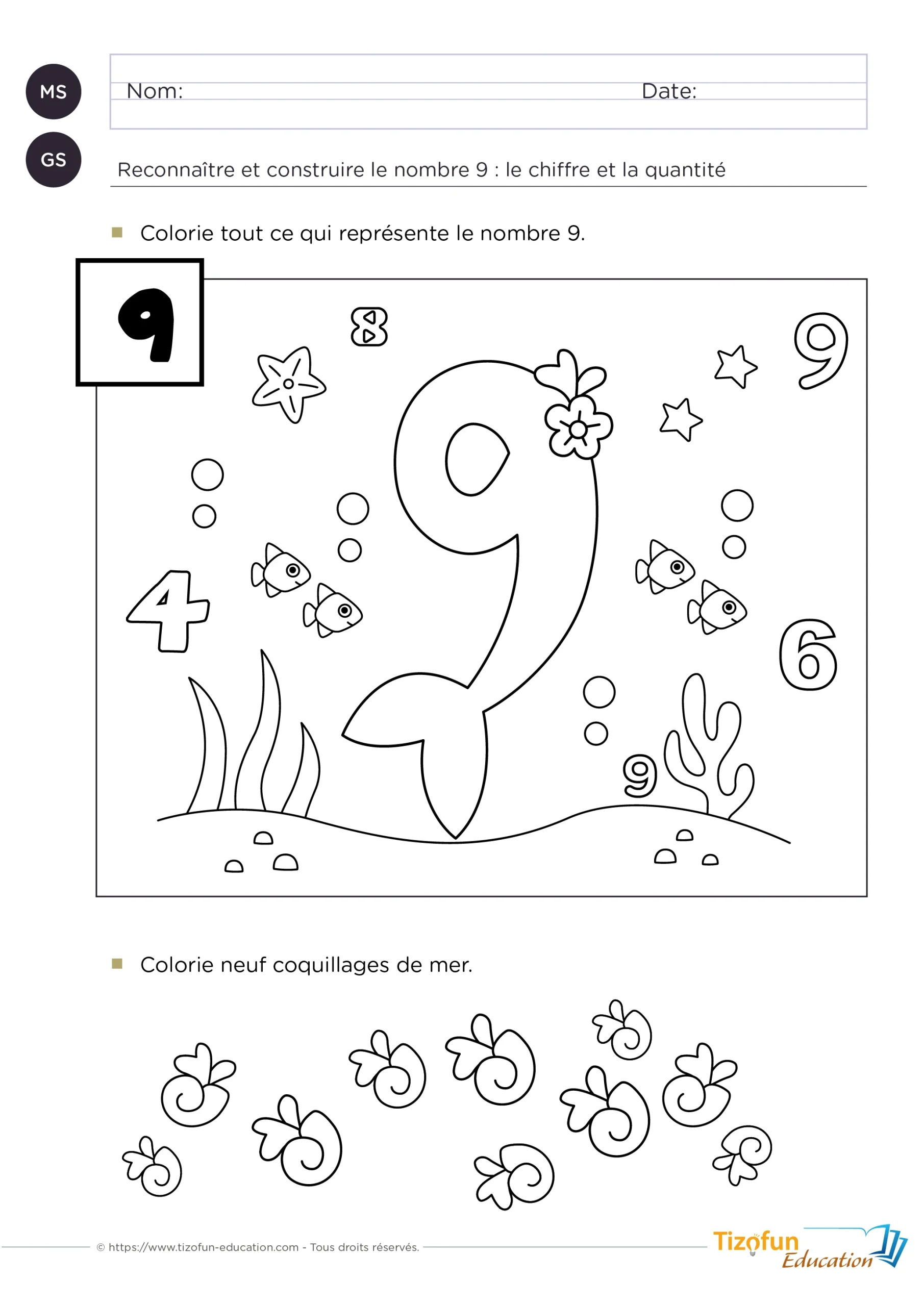 exercice pour apprendre à identifier le chiffre 9 - colorier le chiffre 9 - construire une collection de 9 objets