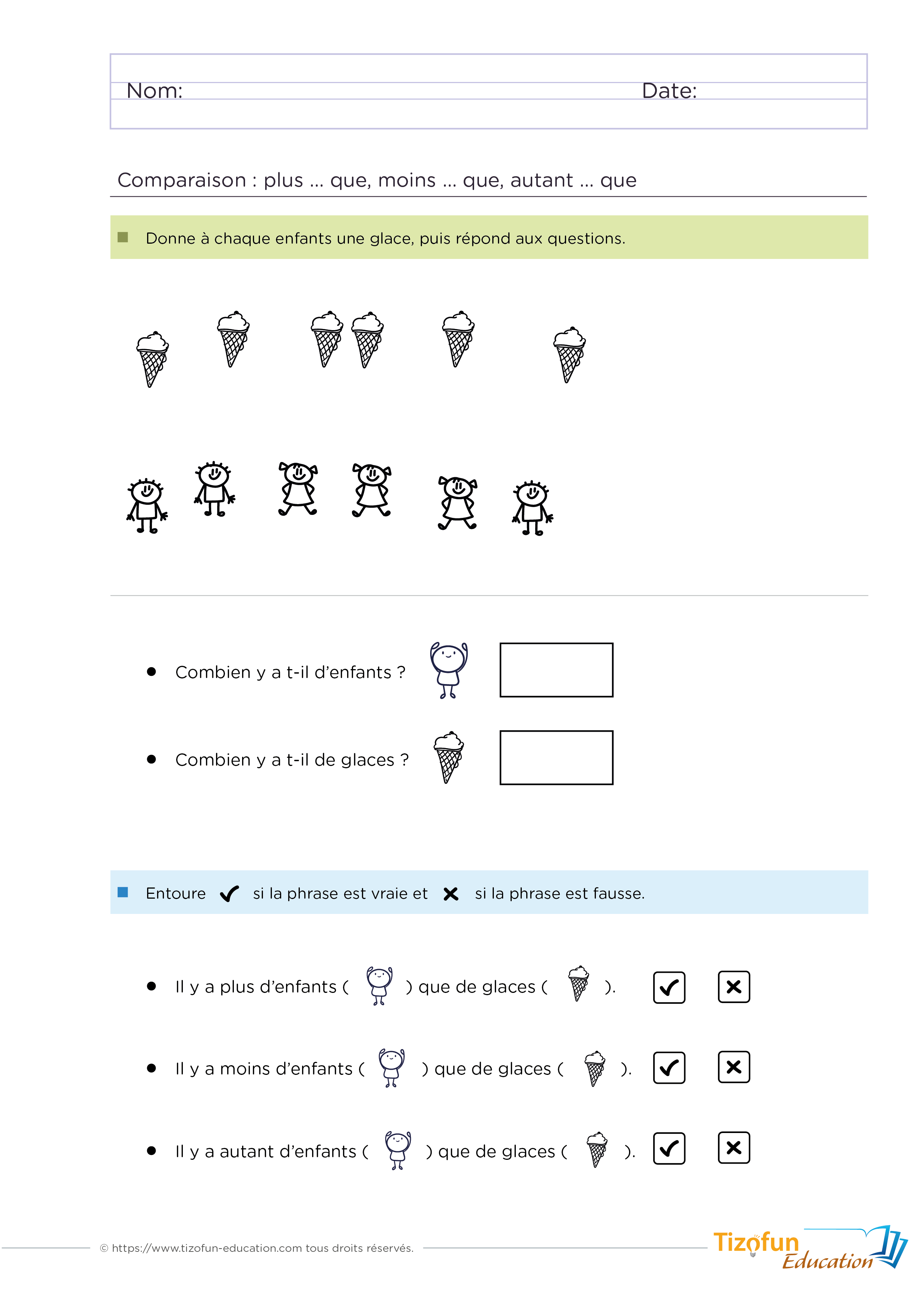 exercices vocabulaire mathématique : moins que, plus que, autant que ou égale