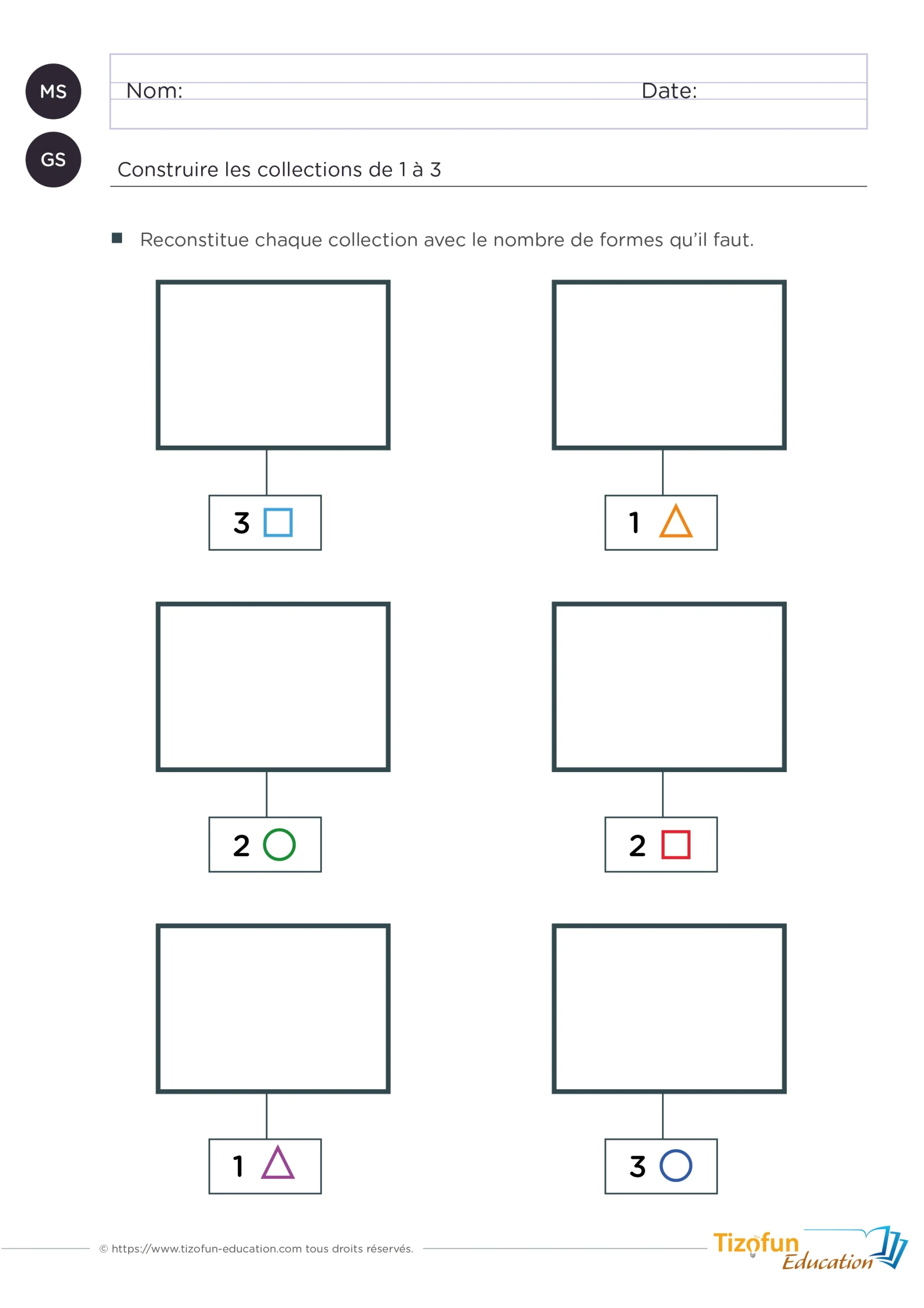 Construire les collections de 1 à 3 objets - les représentations des nombres