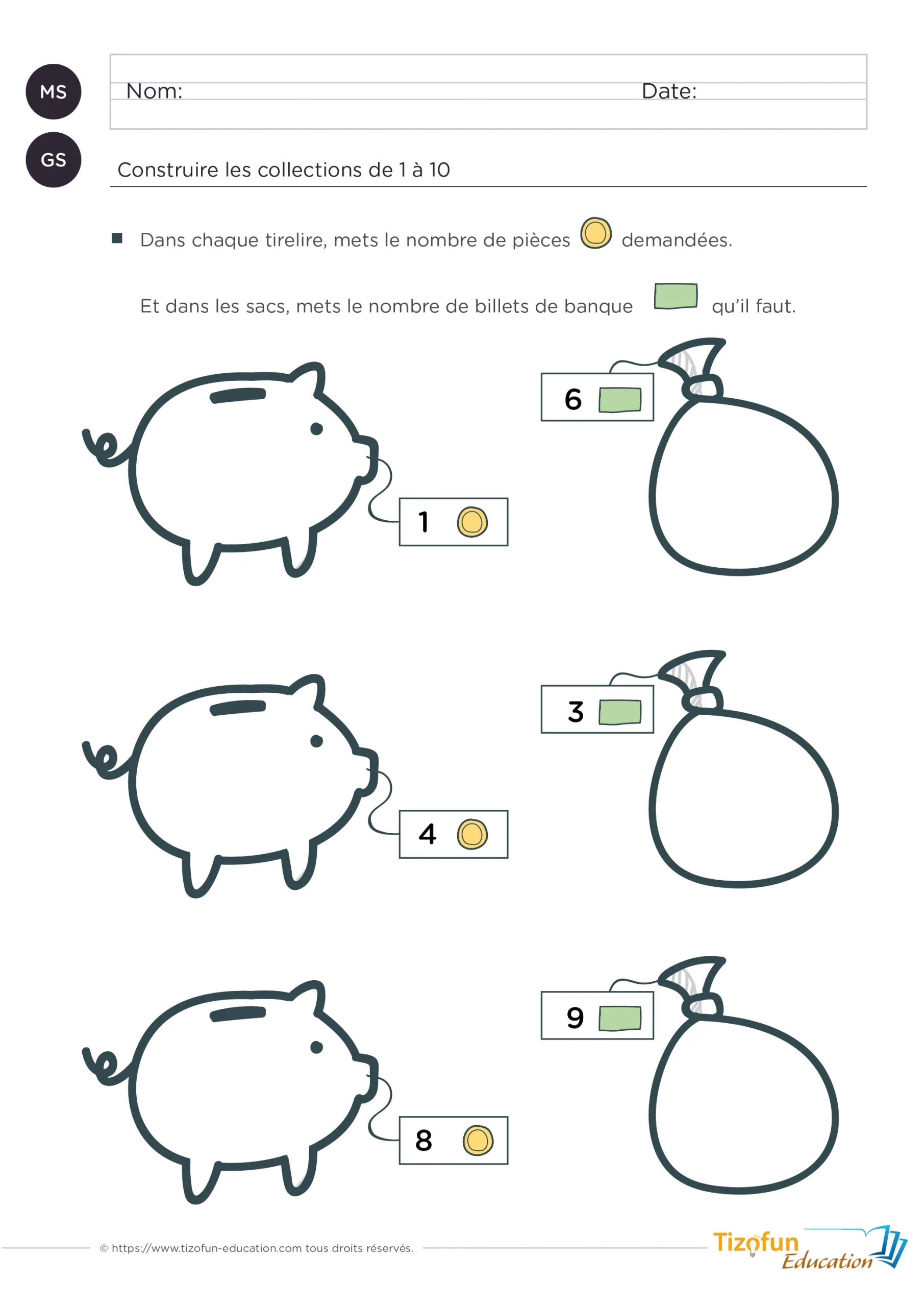 Construire les collections de 1 à 10 en maternelle