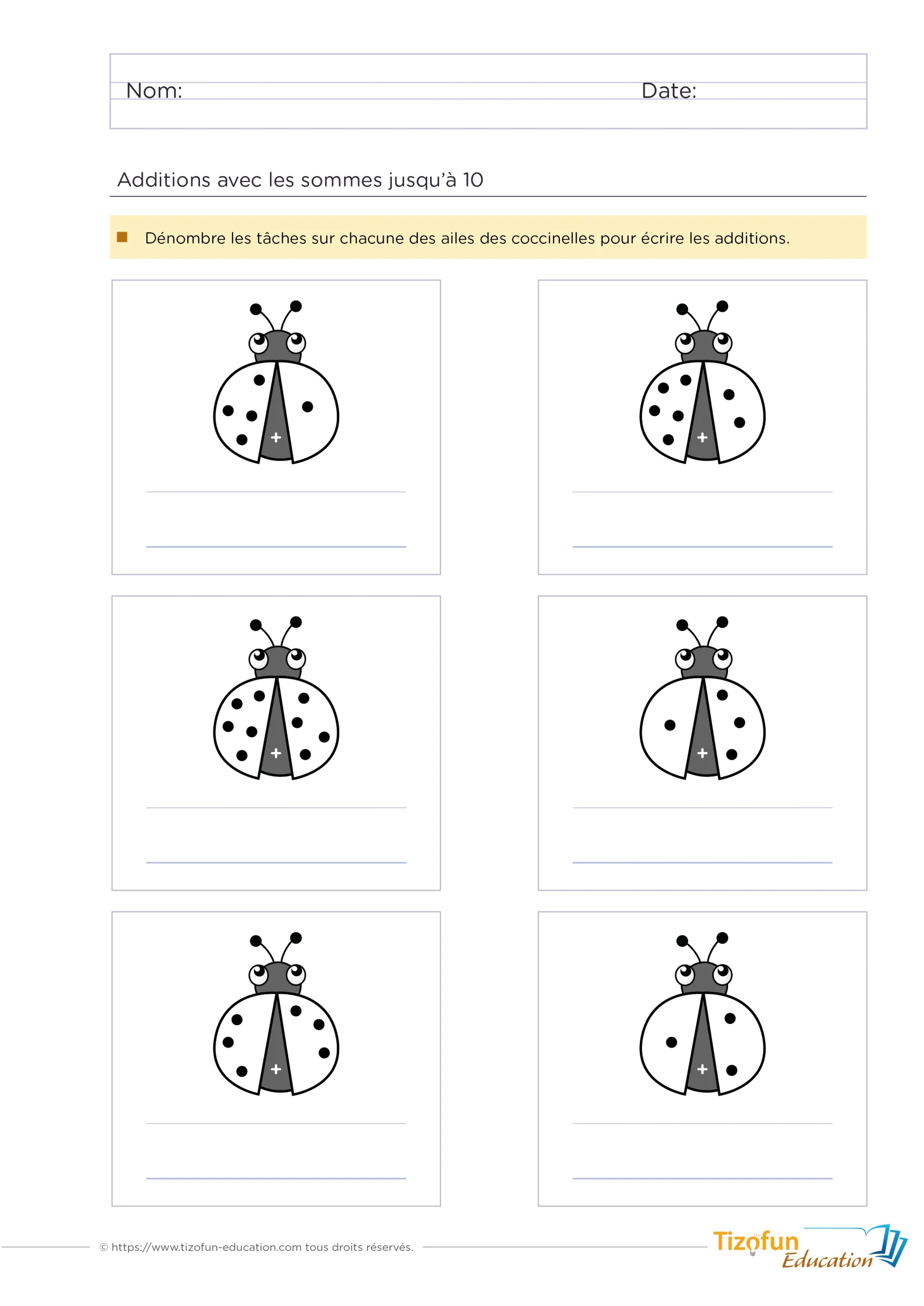 addition coccinelles pour la maternelle et cp - addition somme jusqu'à 10