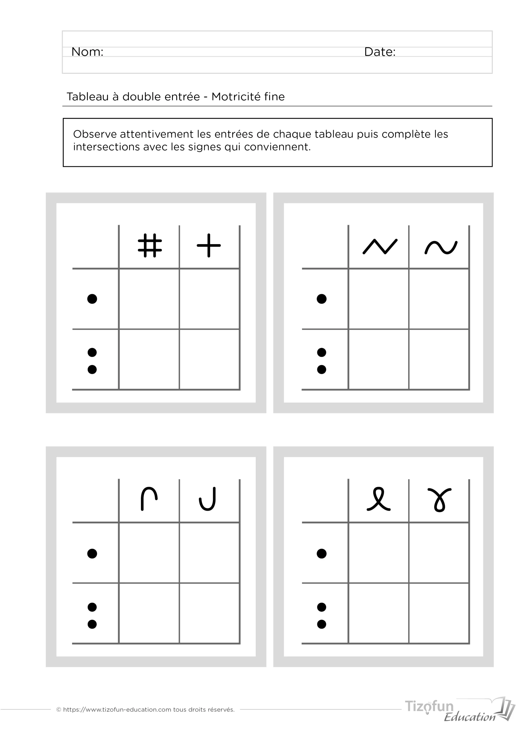 exercices de motricité fine et de logique mathématique - tableau double entrée maternell et cp