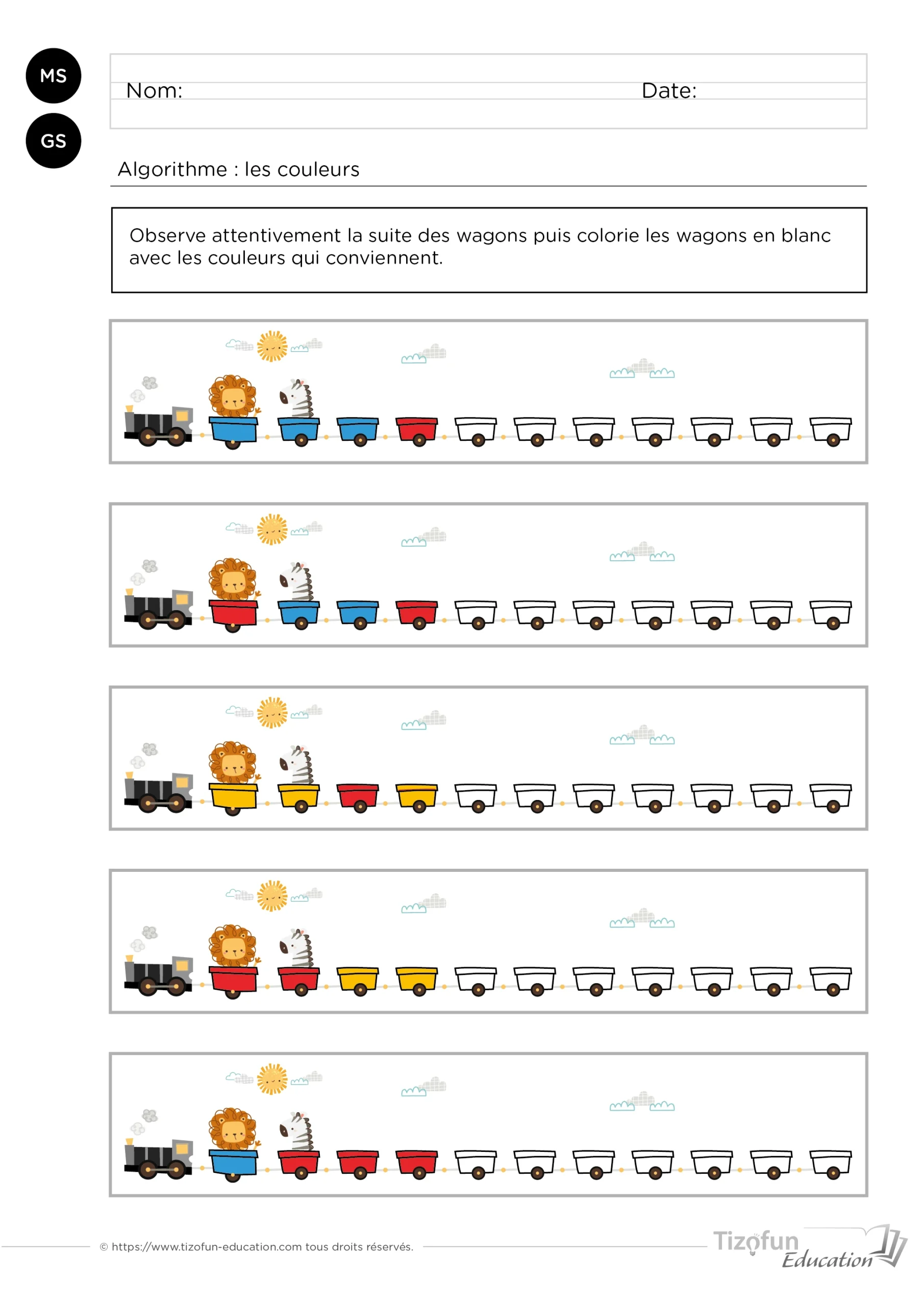 exercices d'algoritme pour les enfants de maternelle avec le train des animaux à colorer selon la prochaine couleur