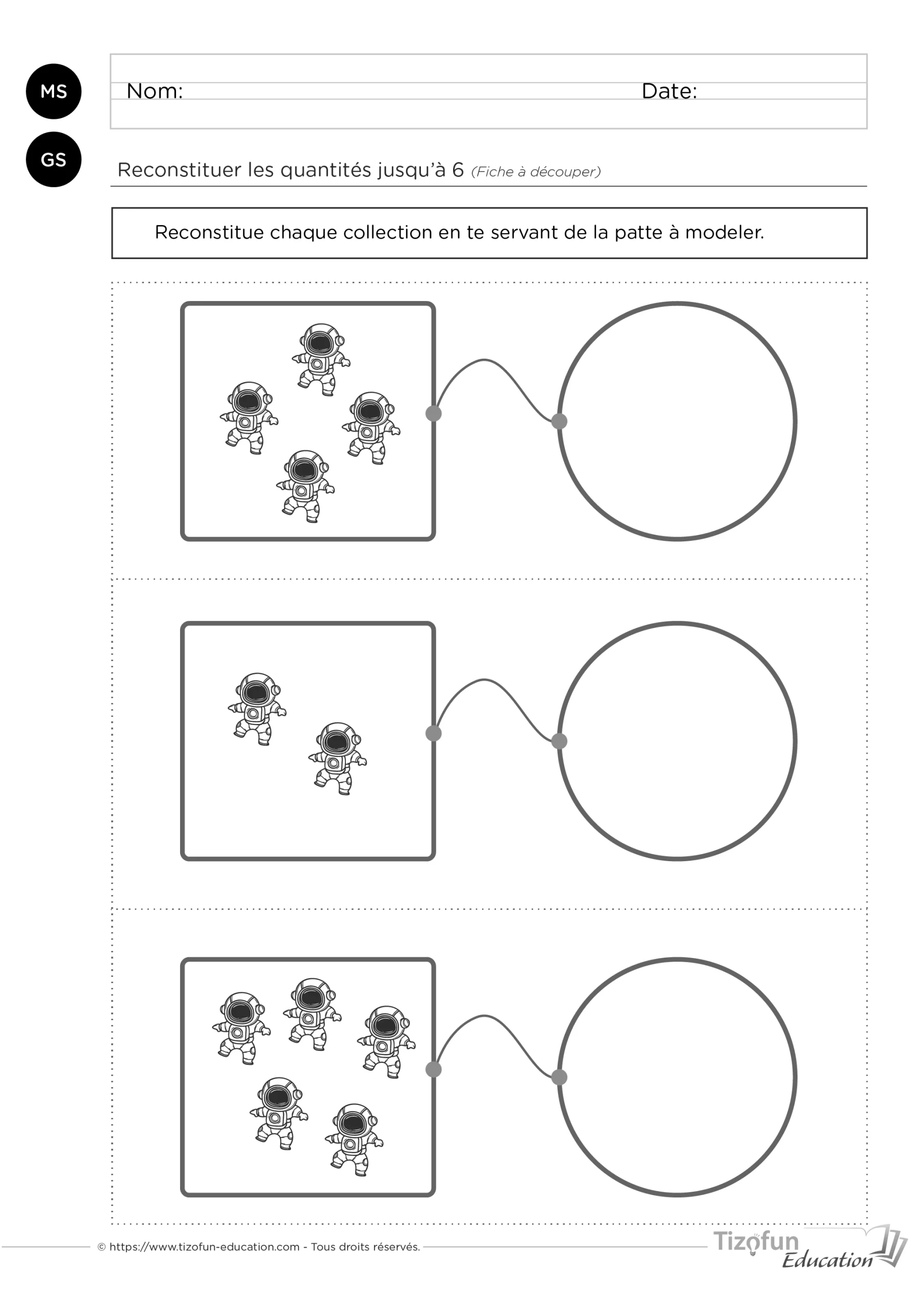 activité sur les nombres jusqu'à 6 en moyenne section