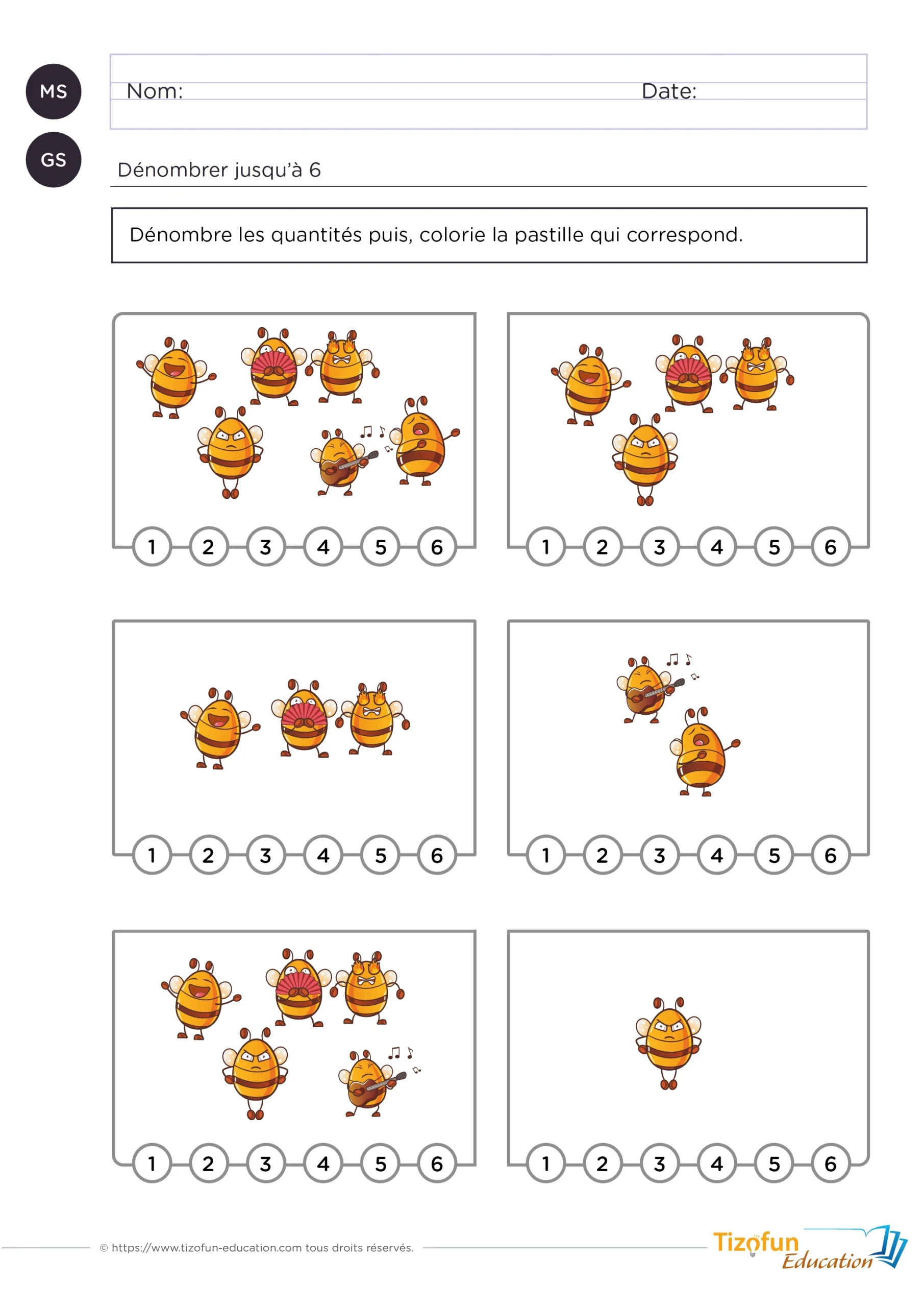 Fiche de dénombrement maternelle avec des abeilles mignonnes représentant les quantités de 1 à 6